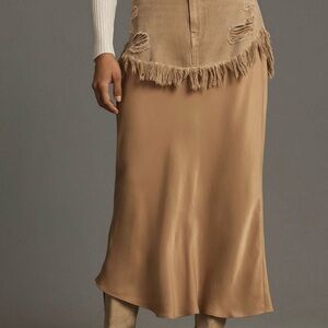 ✨ Satin Midi Skirt with Distressed Denim Overlay & Fringe ✨